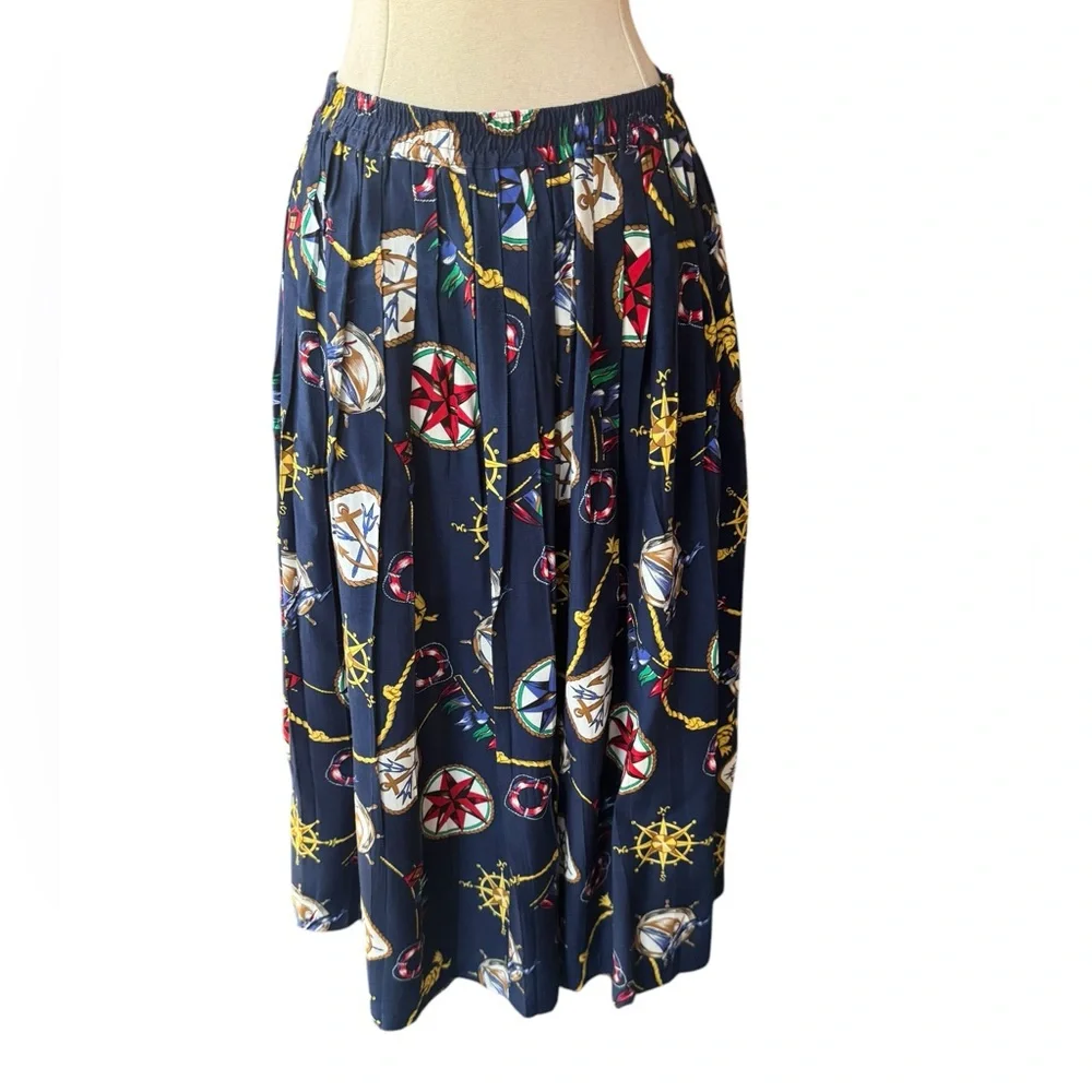1980s‎ Alfred Dunner 100% Rayon, Nautical Print, Pleated Skirt
